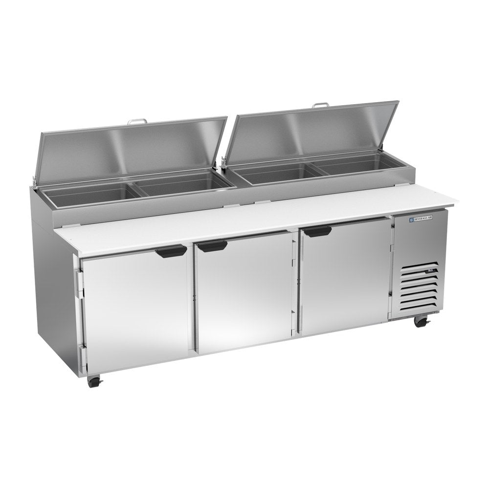 Beverage Air DP93HC 93" three doors pizza prep table, front view, doors closed