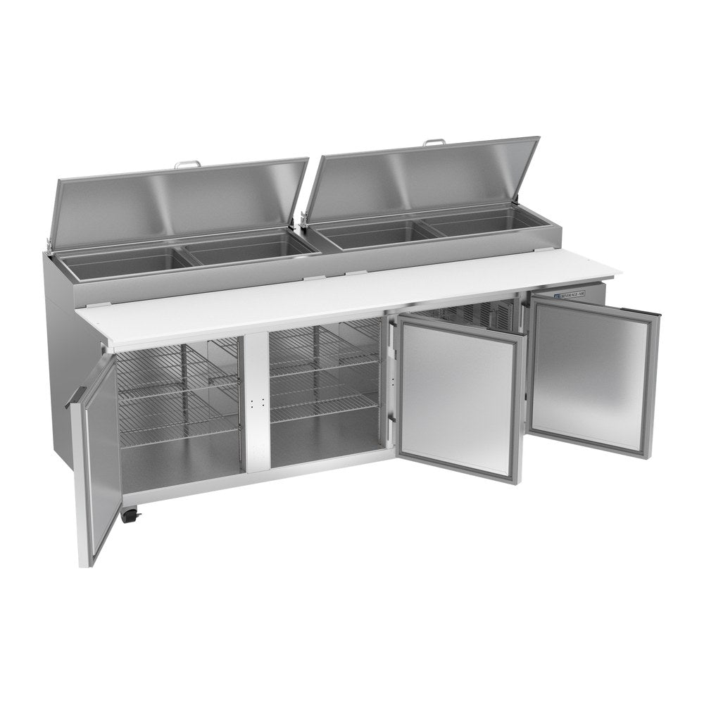 Beverage Air DP93HC 93" three doors pizza prep table, with the doors open showing the interior
