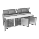 Beverage Air DP93HC 93" three doors pizza prep table, with the doors open showing the interior