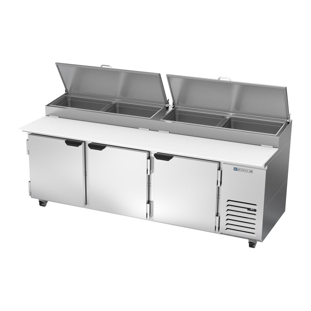 Beverage Air DP93HC 93" three doors pizza prep table, side angle view, doors closed