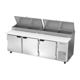 Beverage Air DP93HC 93" three doors pizza prep table, side angle view, doors closed