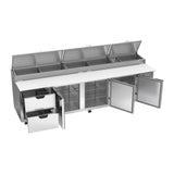 Beverage Air DPD119HC-2 119" three doors and two drawers pizza prep table, with the doors open showing the interior