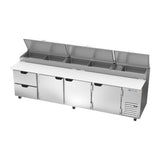 Beverage Air DPD119HC-2 119" three doors and two drawers pizza prep table, side angle view, doors closed