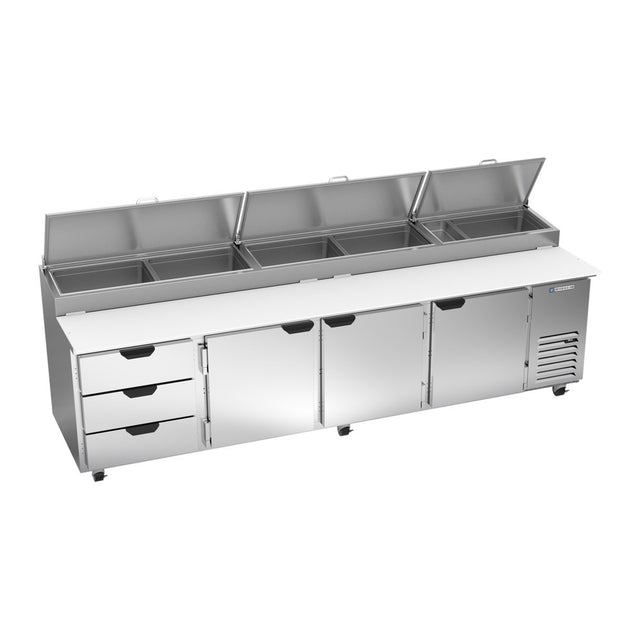 Beverage Air DPD119HC-3 119" three doors and three drawers pizza prep table, front view, doors closed