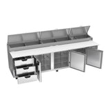 Beverage Air DPD119HC-3 119" three doors and three drawers pizza prep table, with the doors open showing the interior