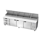 Beverage Air DPD119HC-3 119" three doors and three drawers pizza prep table, side angle view, doors closed