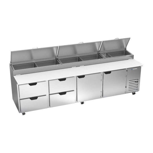 Beverage Air DPD119HC-4 119" two doors and four drawers pizza prep table, front view, doors closed