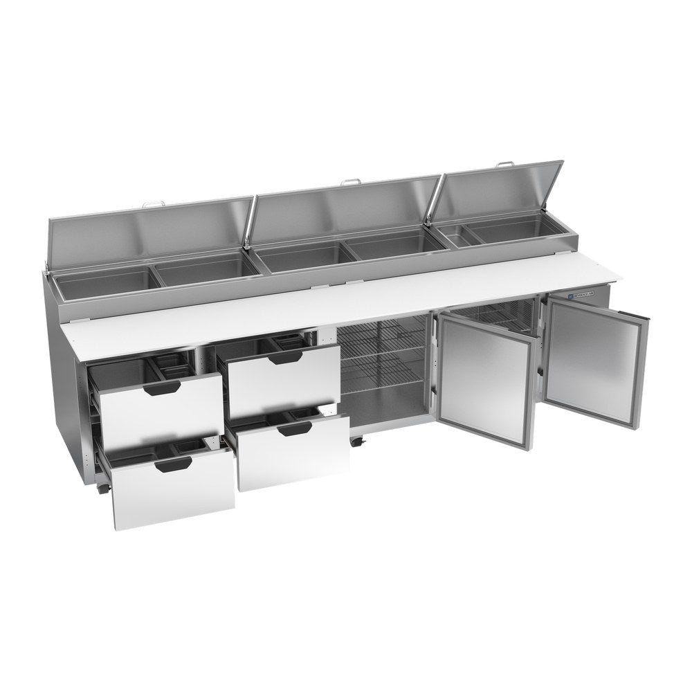 Beverage Air DPD119HC-4 119" two doors and four drawers pizza prep table, with the doors open showing the interior