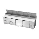 Beverage Air DPD119HC-4 119" two doors and four drawers pizza prep table, side angle view, doors closed