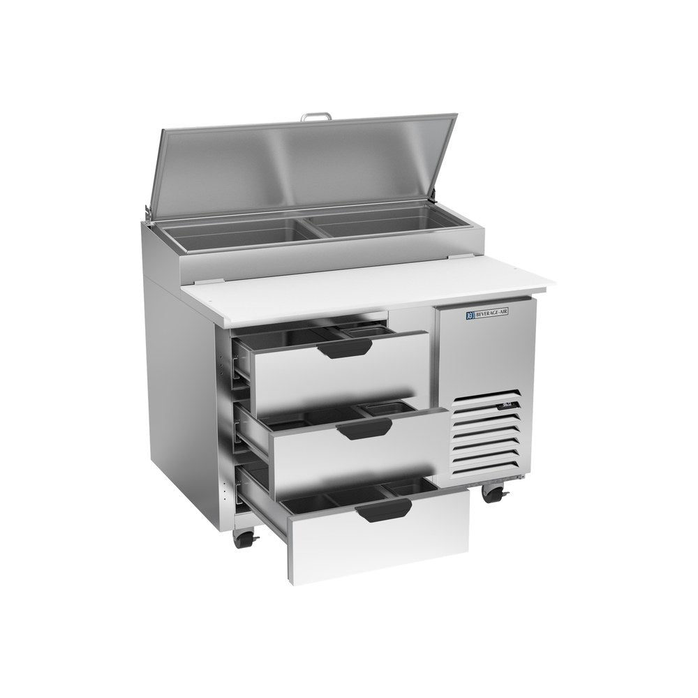 Beverage Air DPD46HC-3 46" three drawers pizza prep table, with the door open showing the interior