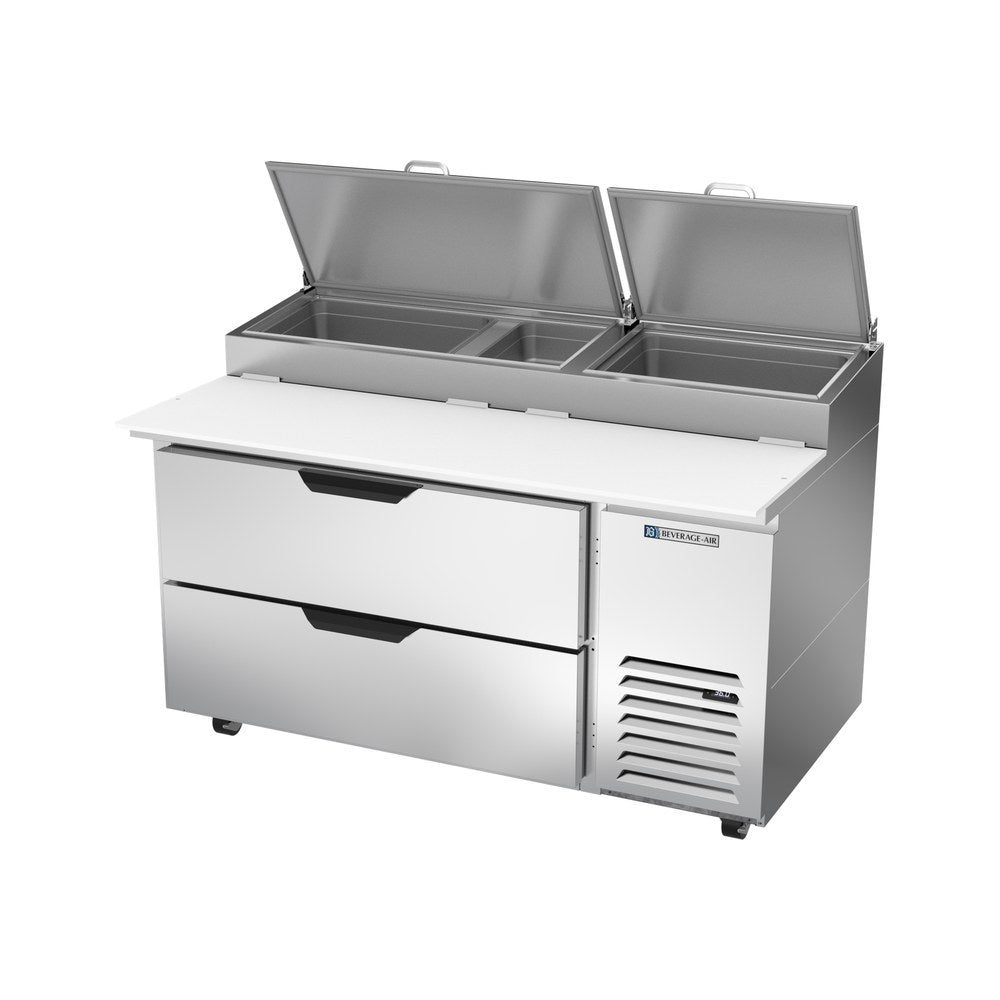 Beverage Air DPD60HC-2 60" two drawers pizza prep table, side angle view, door closed