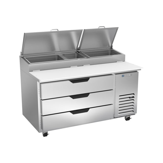 Beverage Air DPD60HC-3 60" three drawers pizza prep table, front view, door closed