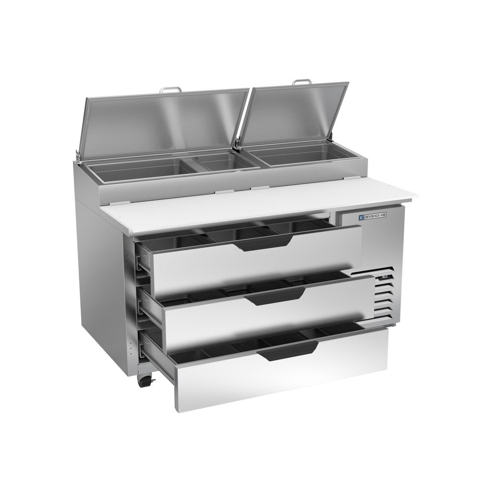 Beverage Air DPD60HC-3 60" three drawers pizza prep table, with the door open showing the interior