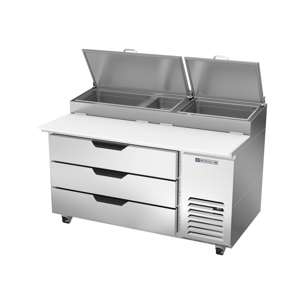 Beverage Air DPD60HC-3 60" three drawers pizza prep table, side angle view, door closed