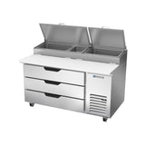 Beverage Air DPD60HC-3 60" three drawers pizza prep table, side angle view, door closed