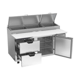 Beverage Air DPD67HC-2 67" one door and two drawers pizza prep table, with the door open showing the interior