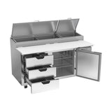 Beverage Air DPD67HC-3 67" one door and three drawers pizza prep table, with the door open showing the interior