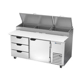 Beverage Air DPD67HC-3 67" one door and three drawers pizza prep table, side angle view, door closed