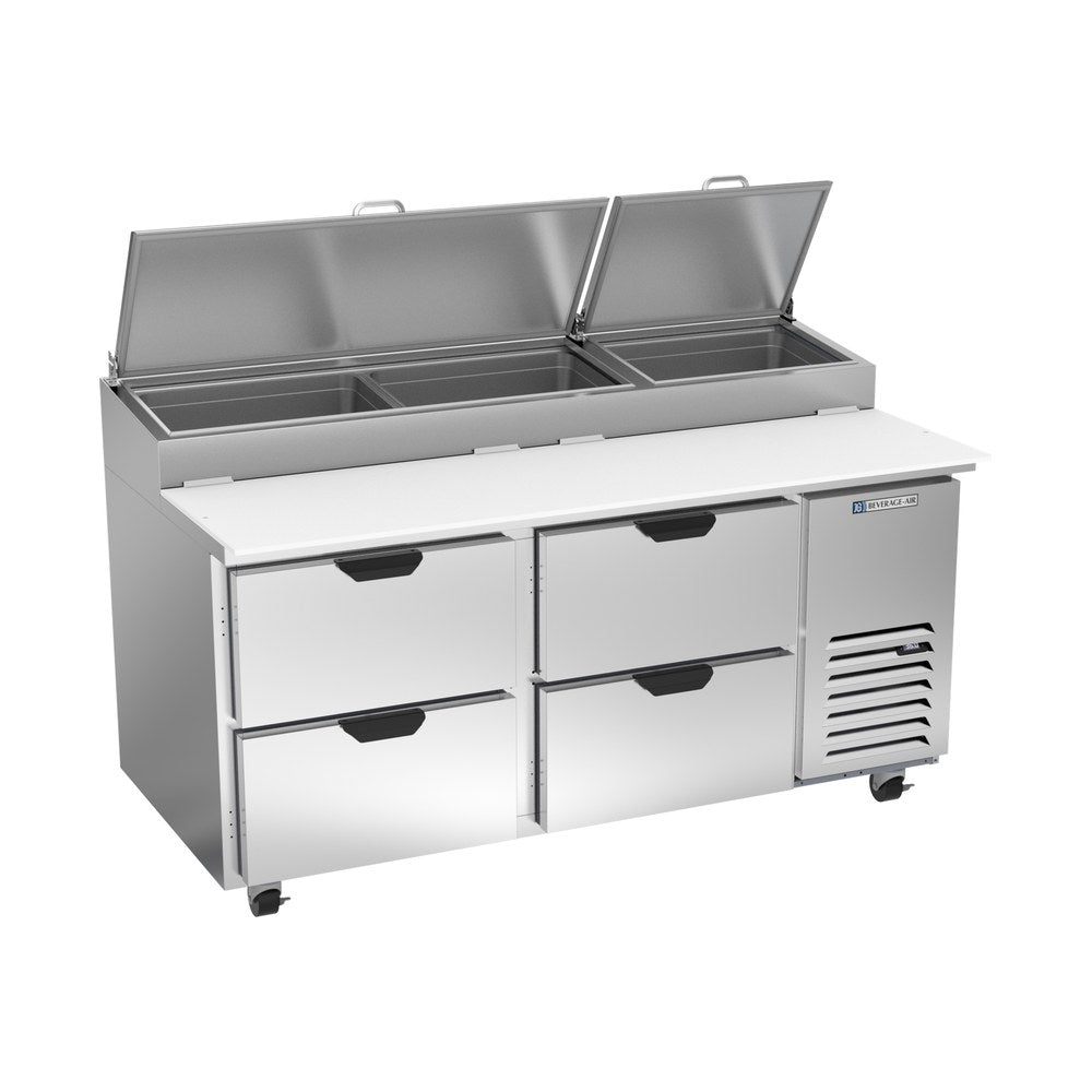 Beverage Air DPD67HC-4 67" four drawers pizza prep table, front view, door closed