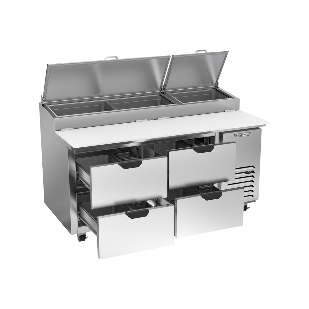 Beverage Air DPD67HC-4 67" four drawers pizza prep table, with the door open showing the interior