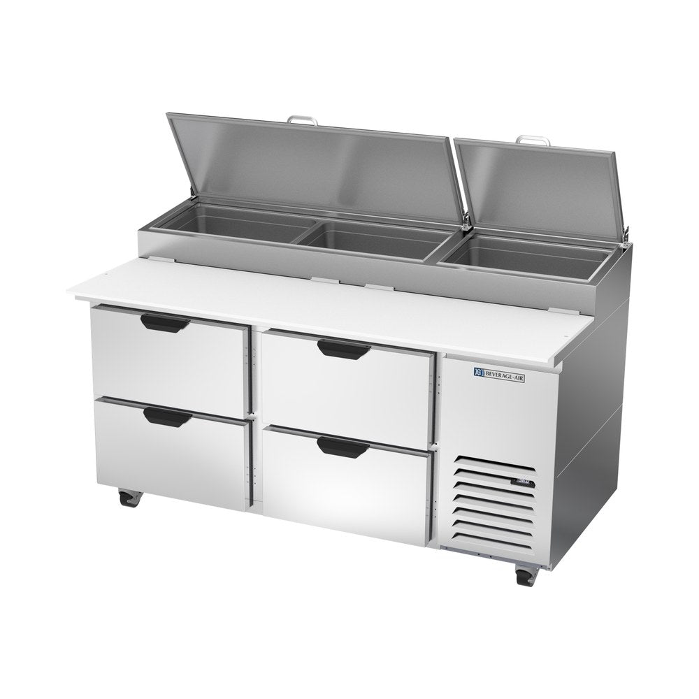 Beverage Air DPD67HC-4 67" four drawers pizza prep table, side angle view, door closed