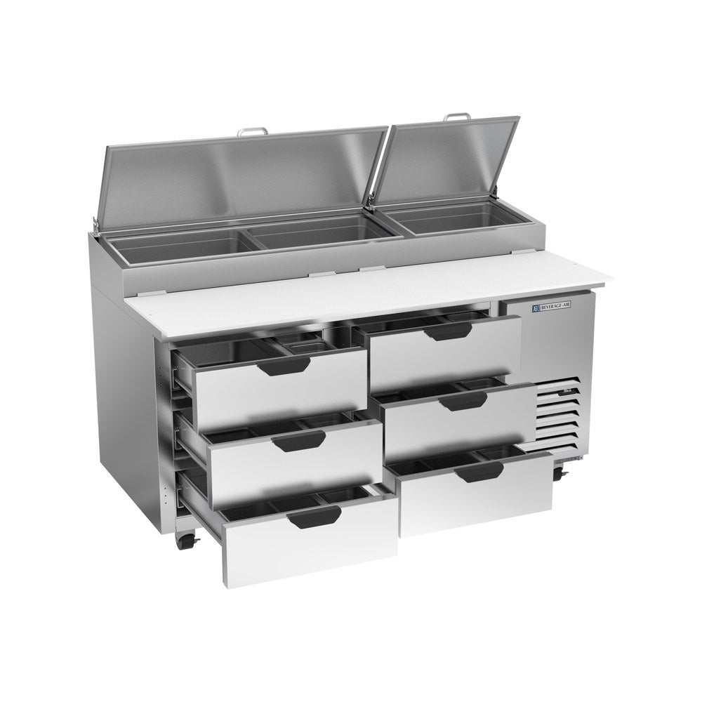 Beverage Air DPD67HC-6 67" six drawers pizza prep table, with the door open showing the interior