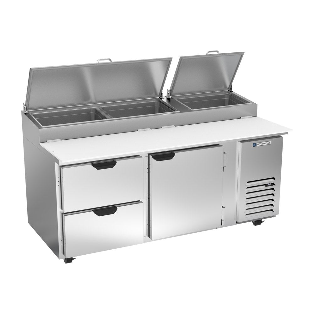 Beverage Air DPD72HC-2 72" one door and two drawers pizza prep table, front view, door closed