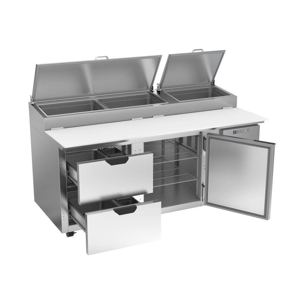 Beverage Air DPD72HC-2 72" one door and two drawers pizza prep table, with the door open showing the interior