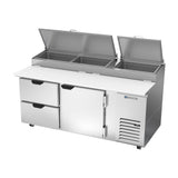 Beverage Air DPD72HC-2 72" one door and two drawers pizza prep table, side angle view, door closed