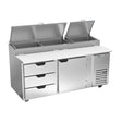 Beverage Air DPD72HC-3 72" one door and three drawers pizza prep table, front view, door closed