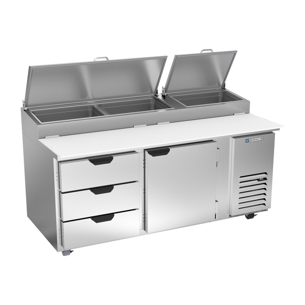 Beverage Air DPD72HC-3 72" one door and three drawers pizza prep table, front view, door closed