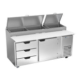 Beverage Air DPD72HC-3 72" one door and three drawers pizza prep table, front view, door closed