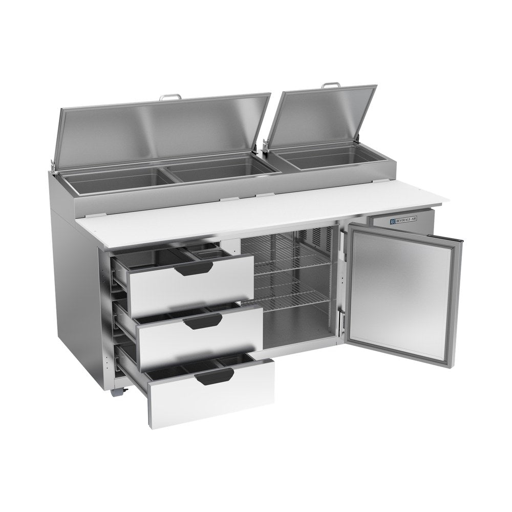 Beverage Air DPD72HC-3 72" one door and three drawers pizza prep table, with the door open showing the interior