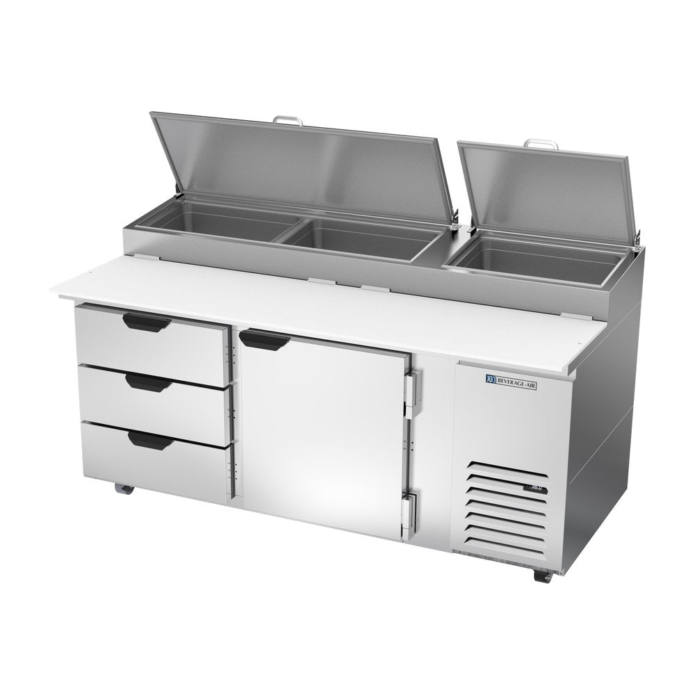 Beverage Air DPD72HC-3 72" one door and three drawers pizza prep table, side angle view, door closed