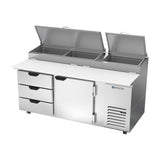 Beverage Air DPD72HC-3 72" one door and three drawers pizza prep table, side angle view, door closed