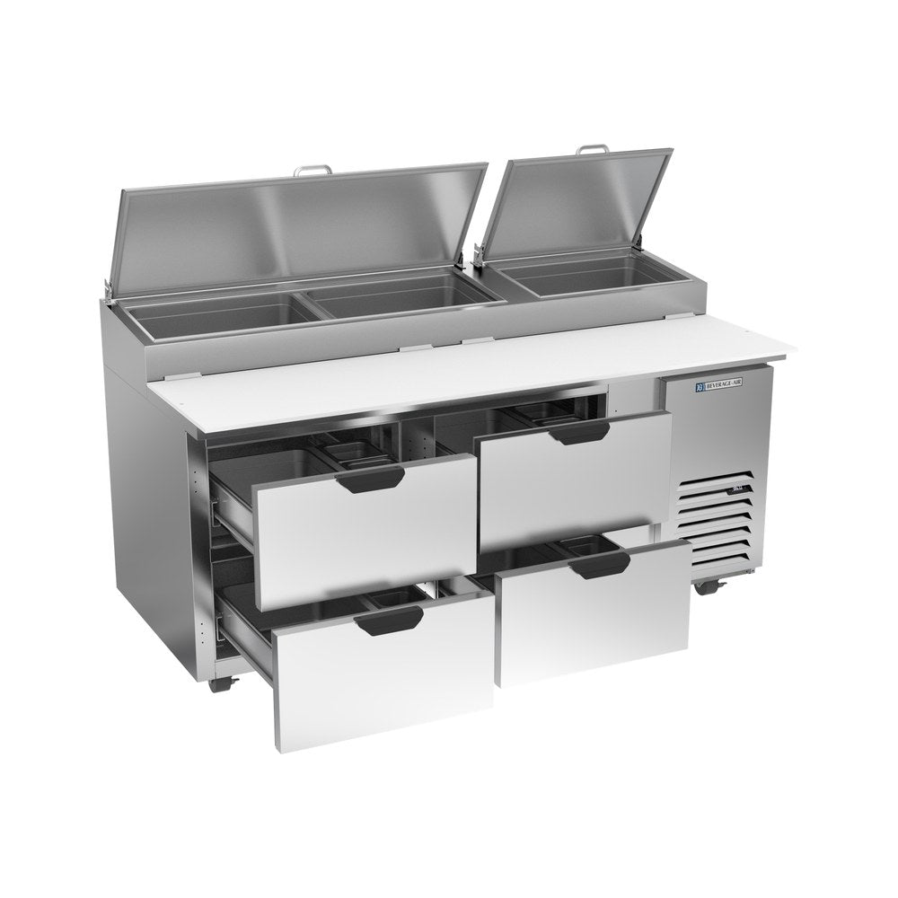 Beverage Air DPD72HC-4 72" four drawers pizza prep table, with the door open showing the interior