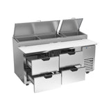 Beverage Air DPD72HC-4 72" four drawers pizza prep table, with the door open showing the interior