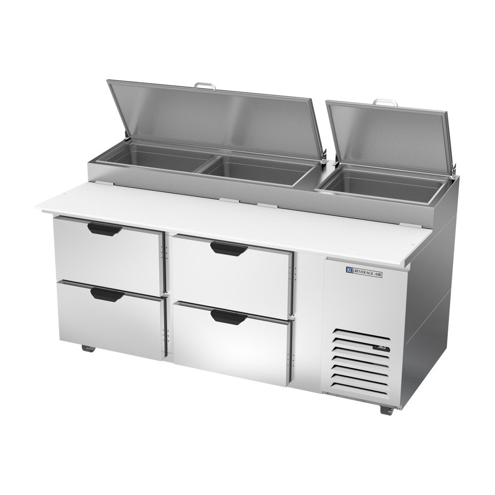 Beverage Air DPD72HC-4 72" four drawers pizza prep table, side angle view, door closed