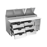 Beverage Air DPD72HC-6 72" six drawers pizza prep table, with the door open showing the interior