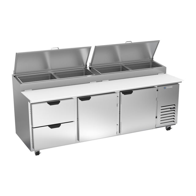 Beverage Air DPD93HC-2 93" two doors and two drawers pizza prep table, front view, doors closed