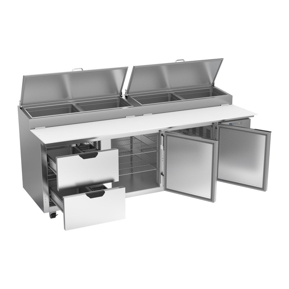 Beverage Air DPD93HC-2 93" two doors and two drawers pizza prep table, with the doors open showing the interior