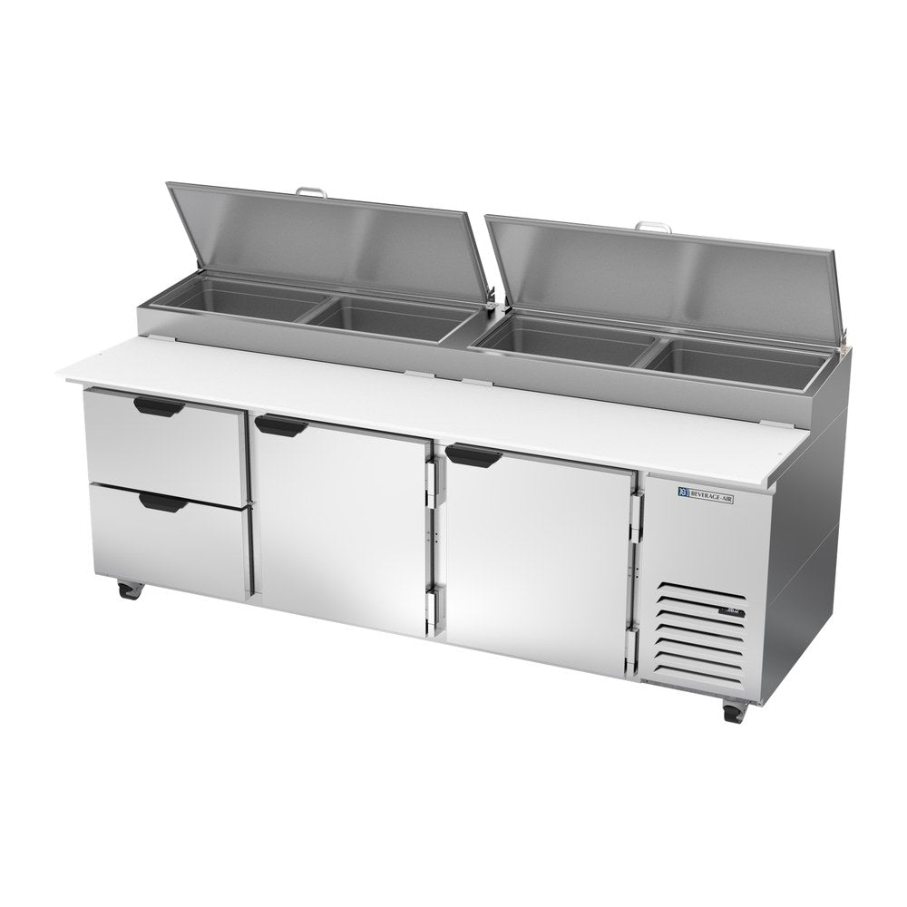 Beverage Air DPD93HC-2 93" two doors and two drawers pizza prep table, side angle view, doors closed