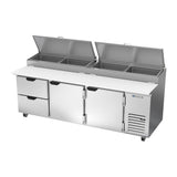 Beverage Air DPD93HC-2 93" two doors and two drawers pizza prep table, side angle view, doors closed