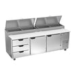 Beverage Air DPD93HC-3 93" two doors and three drawers pizza prep table, front view, doors closed