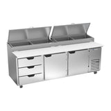Beverage Air DPD93HC-3 93" two doors and three drawers pizza prep table, front view, doors closed