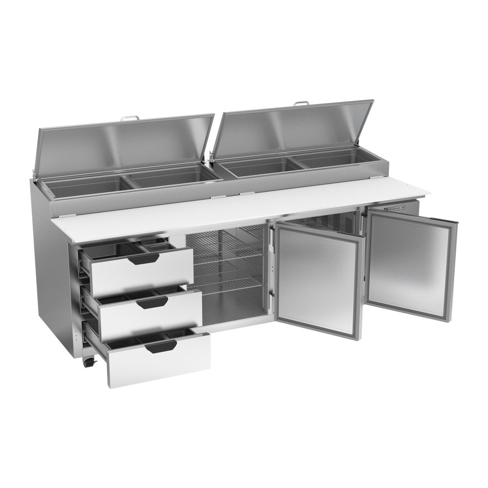 Beverage Air DPD93HC-3 93" two doors and three drawers pizza prep table, with the doors open showing the interior