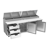 Beverage Air DPD93HC-3 93" two doors and three drawers pizza prep table, with the doors open showing the interior