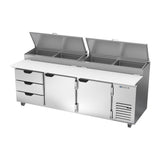 Beverage Air DPD93HC-3 93" two doors and three drawers pizza prep table, side angle view, doors closed