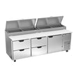 Beverage Air DPD93HC-4 93" one door and four drawers pizza prep table, front view, door closed