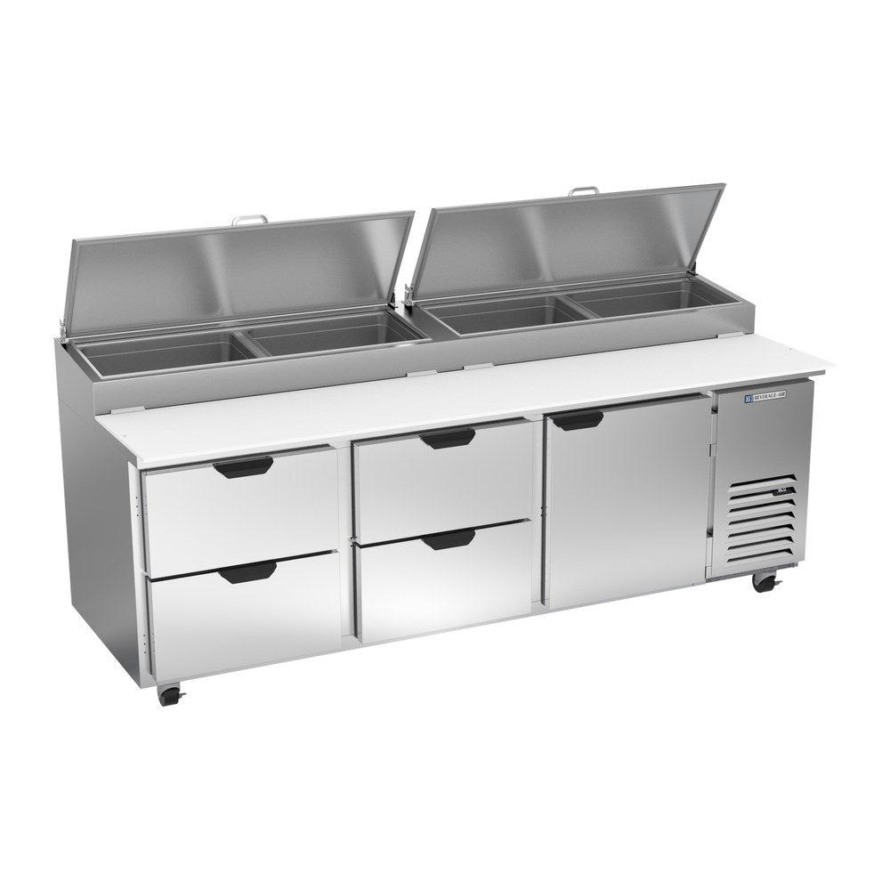 Beverage Air DPD93HC-4 93" one door and four drawers pizza prep table, front view, door closed